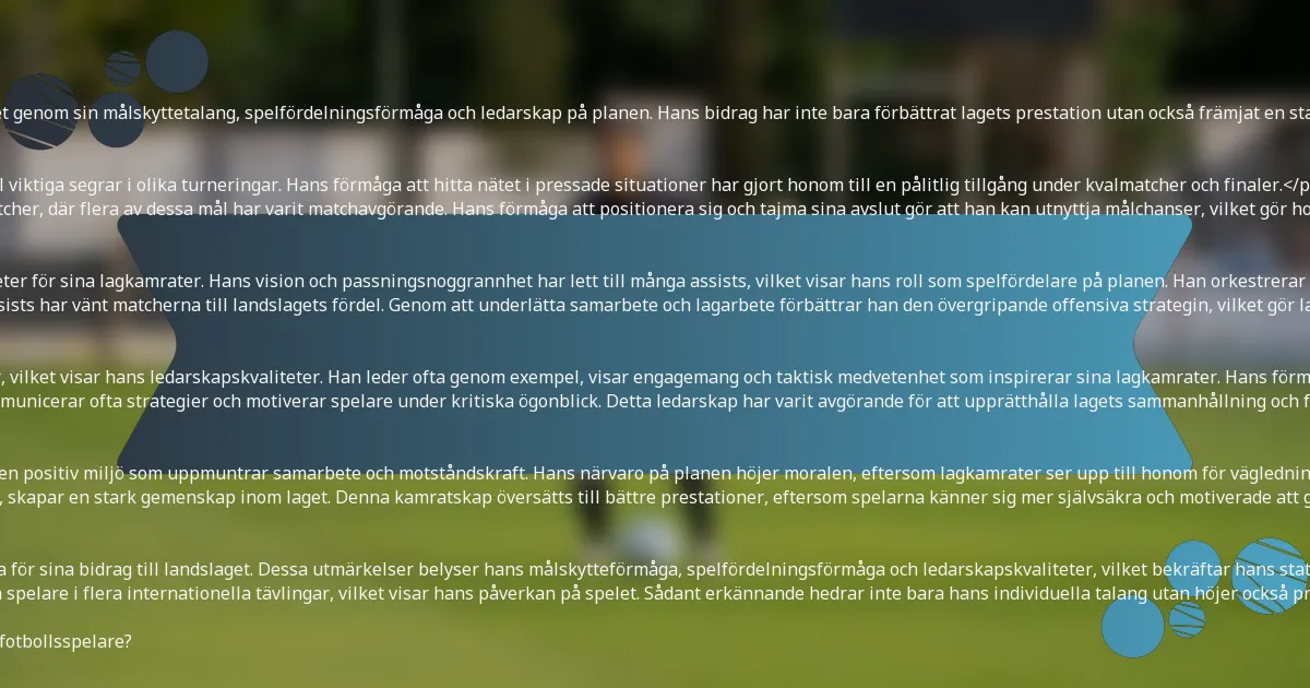 <p>Mohammad Abu Zayd har haft en betydande inverkan på landslaget genom sin målskyttetalang, spelfördelningsförmåga och ledarskap på planen. Hans bidrag har inte bara förbättrat lagets prestation utan också främjat en stark laganda och moral bland spelarna.</p>

<h3>Mål gjorda i internationella matcher</h3>
<p>Abu Zayd har varit en nyckelmålskytt för landslaget och bidragit till viktiga segrar i olika turneringar. Hans förmåga att hitta nätet i pressade situationer har gjort honom till en pålitlig tillgång under kvalmatcher och finaler.</p>
<p>Under sin internationella karriär har han gjort mål i låga tiotal matcher, där flera av dessa mål har varit matchavgörande. Hans förmåga att positionera sig och tajma sina avslut gör att han kan utnyttja målchanser, vilket gör honom till ett konstant hot mot motståndarförsvaret.</p>

<h3>Assist och spelfördelande bidrag</h3>
<p>Förutom att göra mål har Abu Zayd utmärkt sig i att skapa möjligheter för sina lagkamrater. Hans vision och passningsnoggrannhet har lett till många assists, vilket visar hans roll som spelfördelare på planen. Han orkestrerar ofta offensiva spel, vilket skapar nyckelchanser som leder till mål.</p>
<p>Hans bidrag på detta område är tydliga i flera matcher där hans assists har vänt matcherna till landslagets fördel. Genom att underlätta samarbete och lagarbete förbättrar han den övergripande offensiva strategin, vilket gör laget mer dynamiskt och oförutsägbart.</p>

<h3>Defensiva roller och ledarskapskvaliteter</h3>
<p>Abu Zayds mångsidighet gör att han kan ta på sig defensiva ansvar, vilket visar hans ledarskapskvaliteter. Han leder ofta genom exempel, visar engagemang och taktisk medvetenhet som inspirerar sina lagkamrater. Hans förmåga att läsa spelet hjälper till att organisera försvaret effektivt.</p>
<p>Hans ledarskap sträcker sig bortom bara defensiva roller; han kommunicerar ofta strategier och motiverar spelare under kritiska ögonblick. Detta ledarskap har varit avgörande för att upprätthålla lagets sammanhållning och fokus, särskilt under utmanande matcher.</p>

<h3>Påverkan på lagdynamik och moral</h3>
<p>Abu Zayd spelar en avgörande roll i att forma lagdynamik, främjar en positiv miljö som uppmuntrar samarbete och motståndskraft. Hans närvaro på planen höjer moralen, eftersom lagkamrater ser upp till honom för vägledning och stöd under intensiva situationer.</p>
<p>Hans förmåga att knyta an till spelare, både på och utanför planen, skapar en stark gemenskap inom laget. Denna kamratskap översätts till bättre prestationer, eftersom spelarna känner sig mer självsäkra och motiverade att ge sitt bästa för landslaget.</p>

<h3>Erkännande och utmärkelser för bidrag</h3>
<p>Under sin karriär har Abu Zayd fått olika utmärkelser som erkänsla för sina bidrag till landslaget. Dessa utmärkelser belyser hans målskytteförmåga, spelfördelningsförmåga och ledarskapskvaliteter, vilket bekräftar hans status som en nyckelspelare.</p>
<p>Hans prestationer inkluderar nomineringar till turneringens bästa spelare i flera internationella tävlingar, vilket visar hans påverkan på spelet. Sådant erkännande hedrar inte bara hans individuella talang utan höjer också profileringen av landslaget på den internationella scenen.</p>

<h2>Hur jämför sig Mohammad Abu Zayd med andra kända jordanska fotbollsspelare?